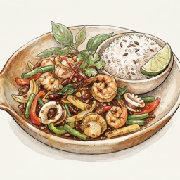ผัดน้ำพริกเผาไก่ หมู กุ้ง ปลาหมึก ซีฟู้ด